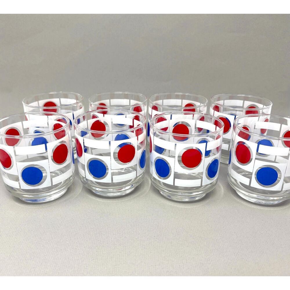 Set of 8 Vintage MCM Libbey Patriotic Red White Blue Dot Pattern Low Ball READ